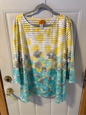 Ruby Rd. Yellow White Aqua Floral Striped Long Sleeve Top
